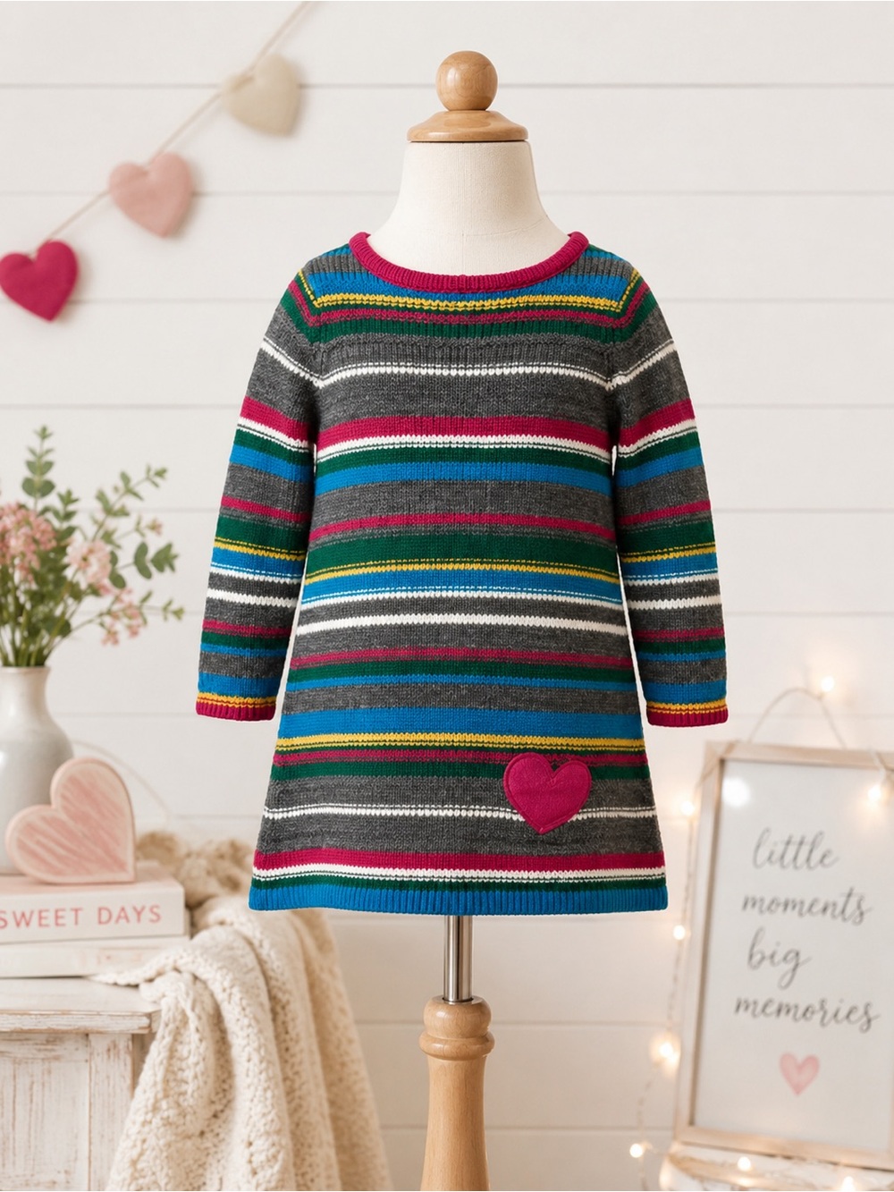 Hanna Andersson Girls 3T Wool Blend Striped Sweater Dress Heart Pocket Cozy